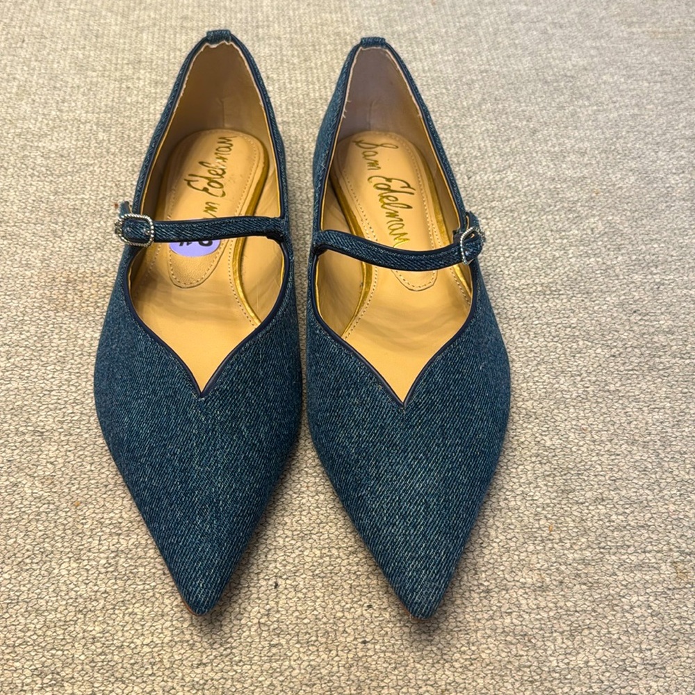 Brand new never worn Sam Edelman pointed toe Mary Jane flats in denim blue NWOT